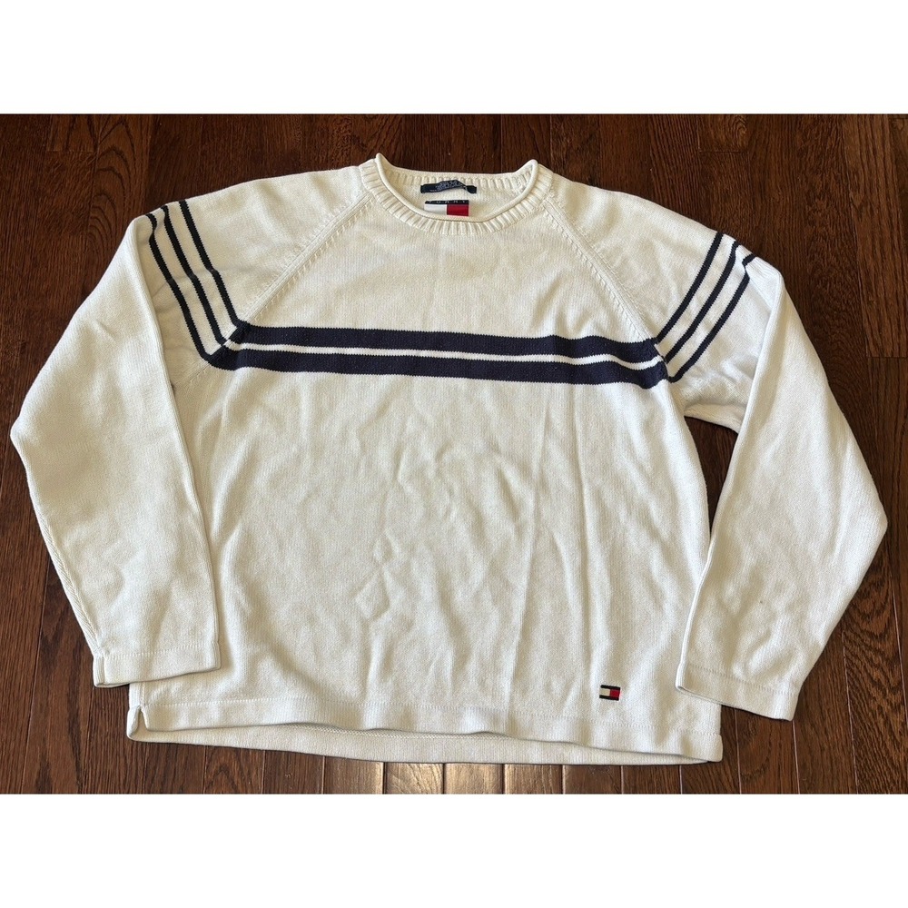 Vintage Tommy Hilfiger Sweater Mens Large White Striped Cotton Knit Rollneck